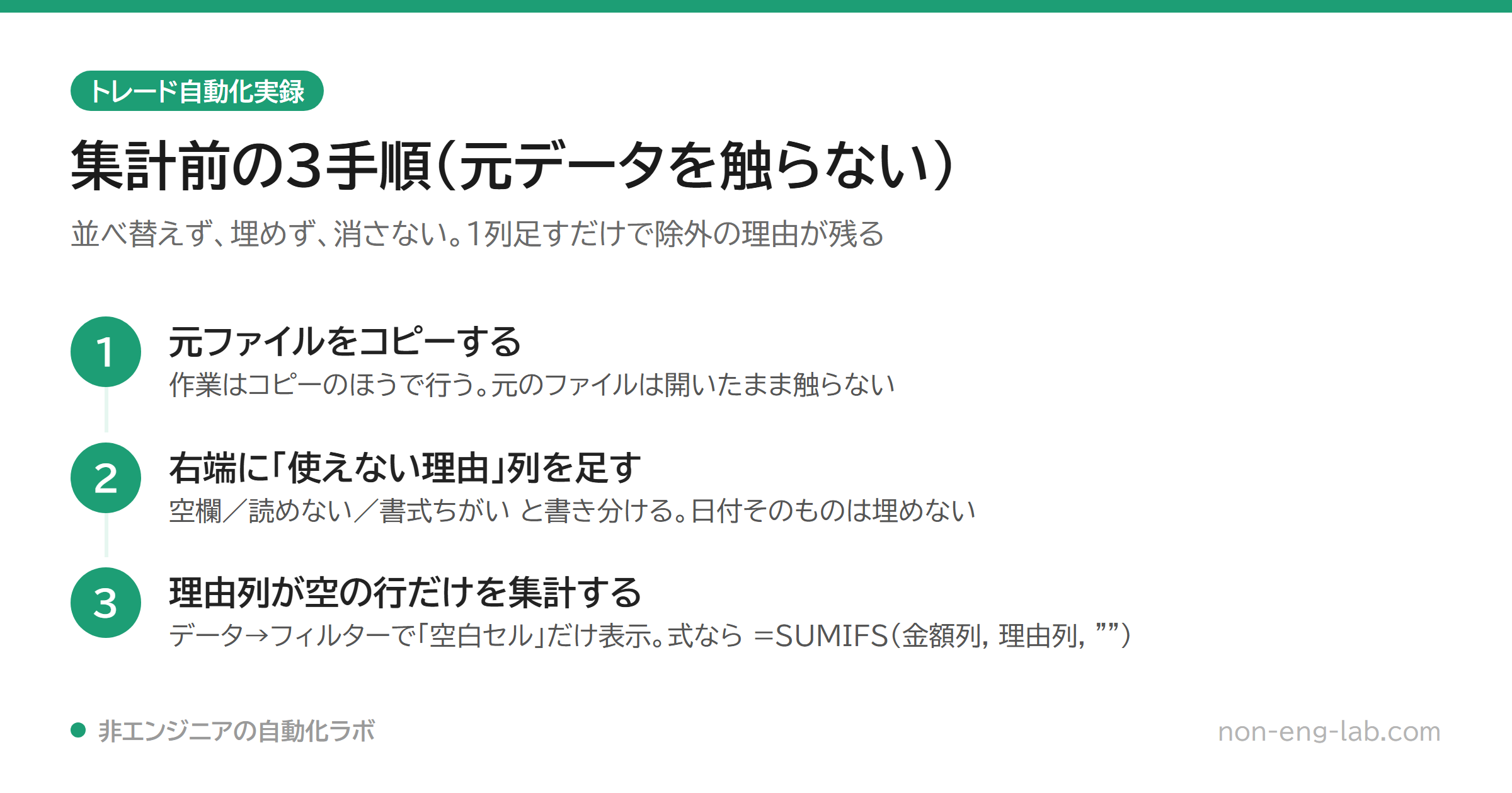 元ファイルをコピーし、理由列を足し、フィルターで理由列が空の行だけを集計する3ステップの図