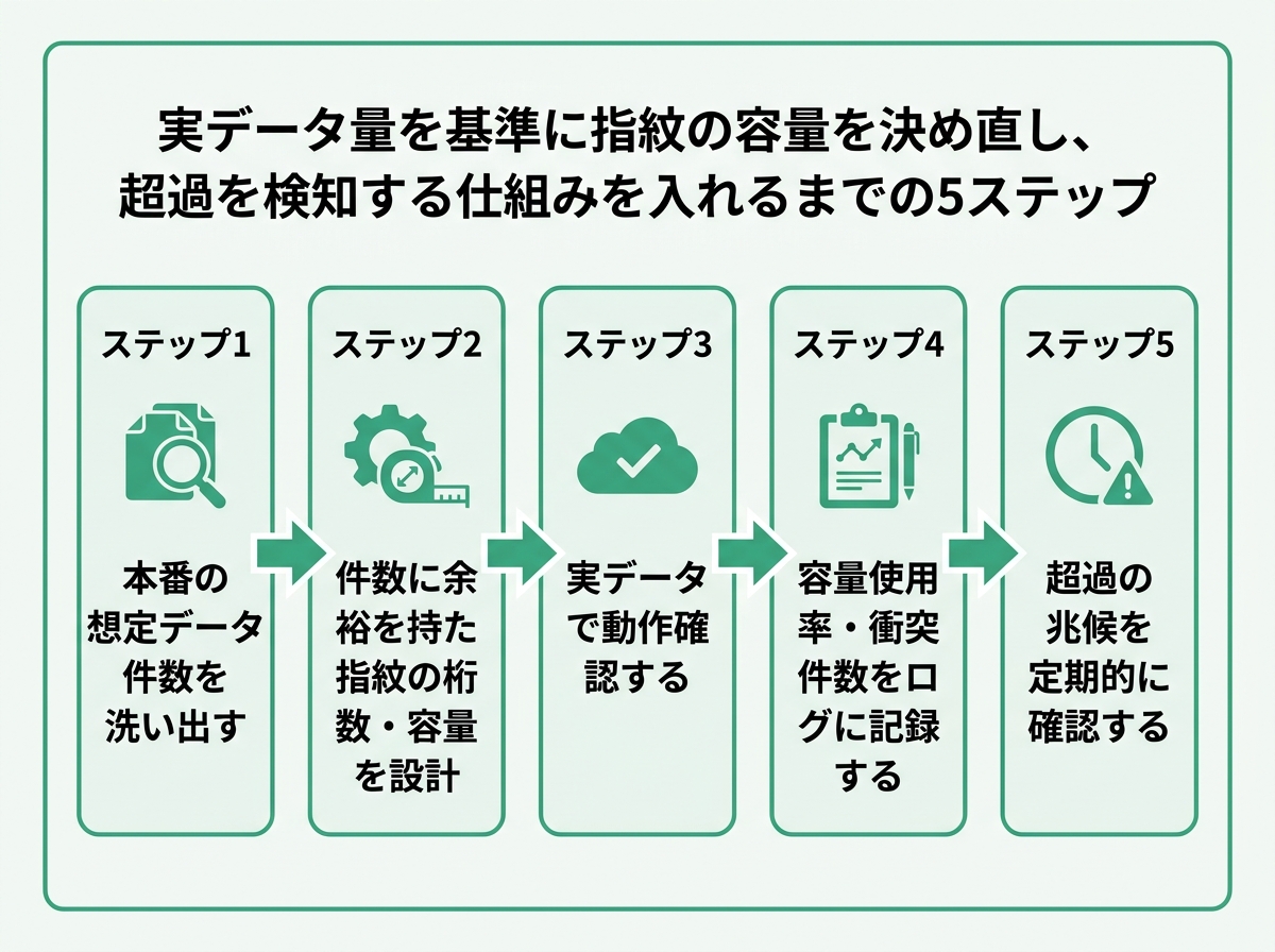 データの指紋の容量を本番データ量基準で決め直す5ステップの手順図