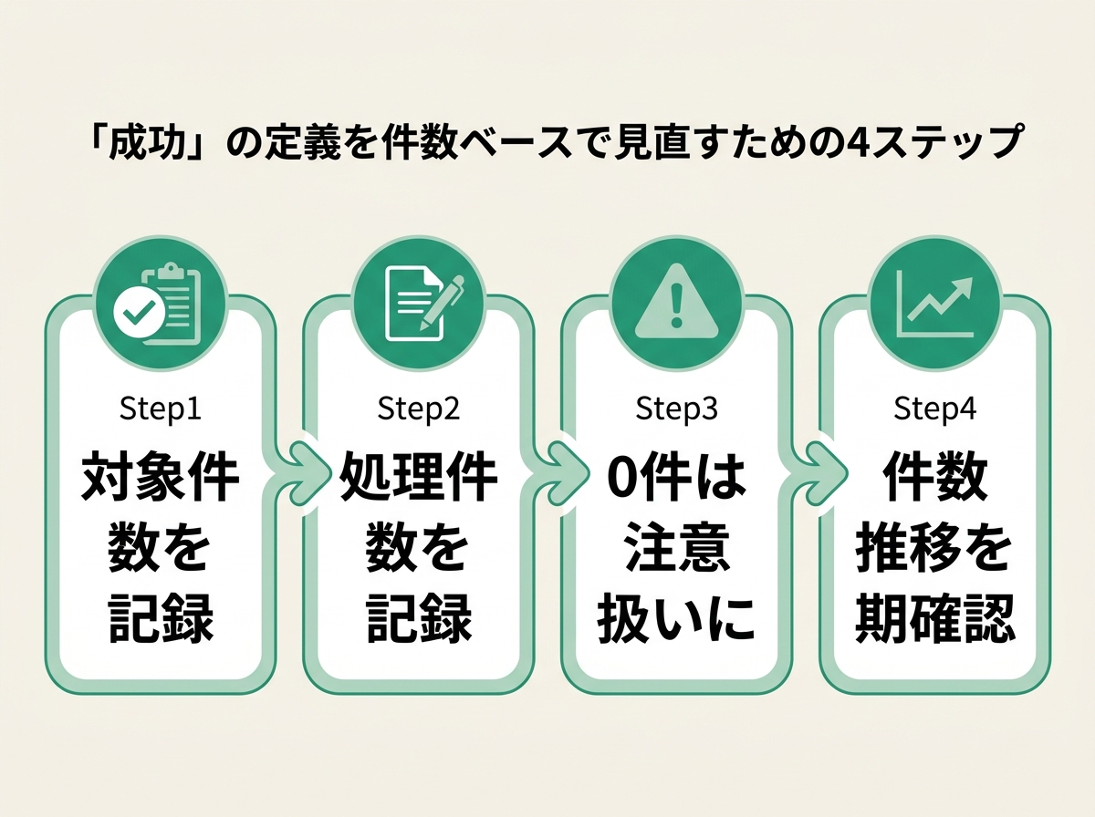 自動処理の成功判定を件数ベースで見直す4ステップの図