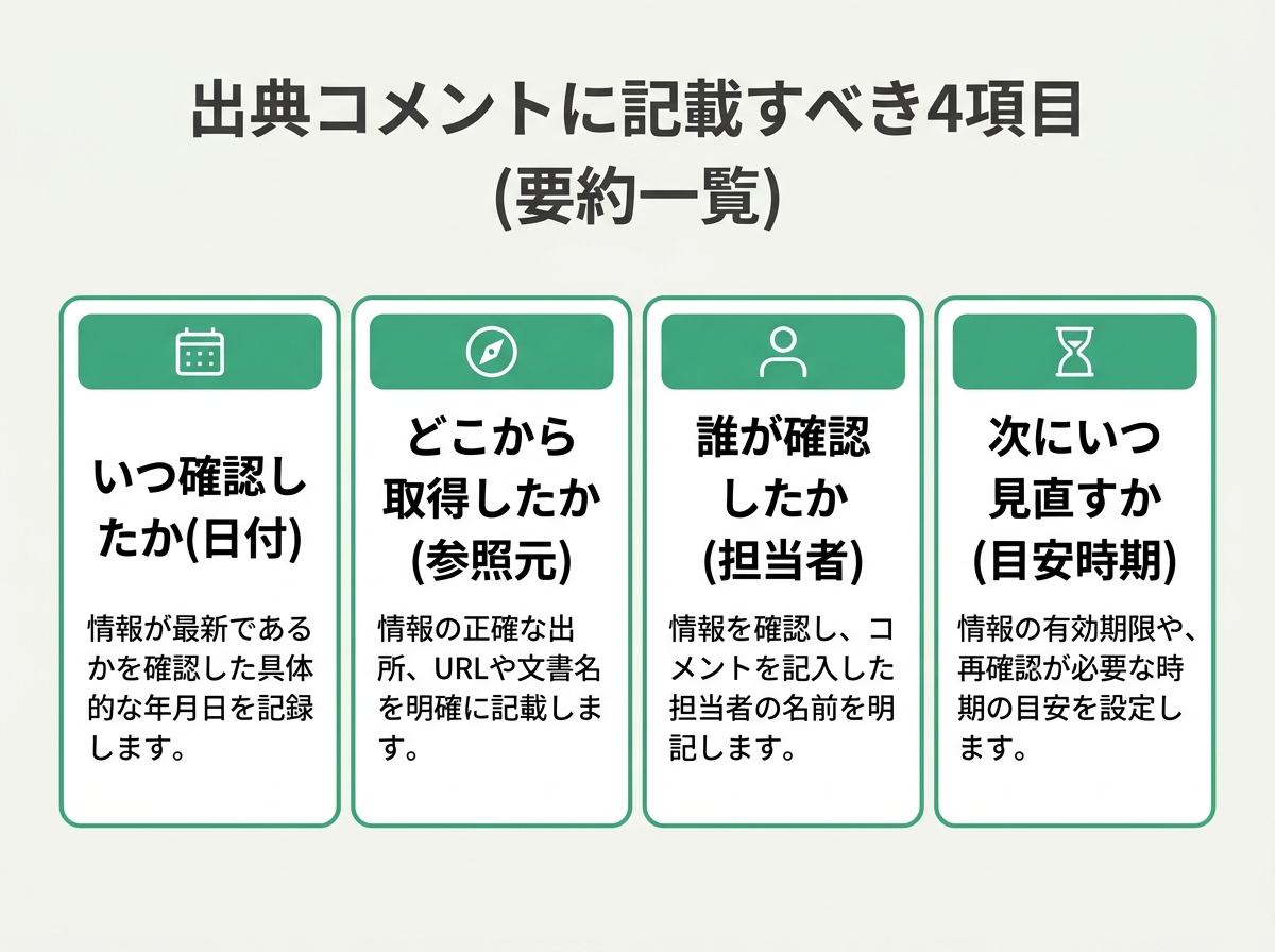 出典コメントに書くべき4つの項目をまとめた表